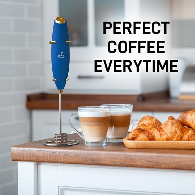 Zulay Kitchen Powerful Milk Frother Wand With Duracell Batteries - Ultra Fast Handheld Drink Mixer - Electric Whisk Foam Maker for Coffee, Lattes, Cappuccino & Matcha - Triple Whisk - Prussian Gold
