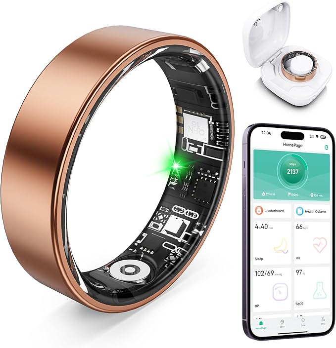 Smart Ring with Sleep Monitoring, Step Counting, Heart Rate for iPhone and Android, No Subscription Fee, IP68 Waterproof Health Tracker (Blue, 8) (Rose Gold, 9)