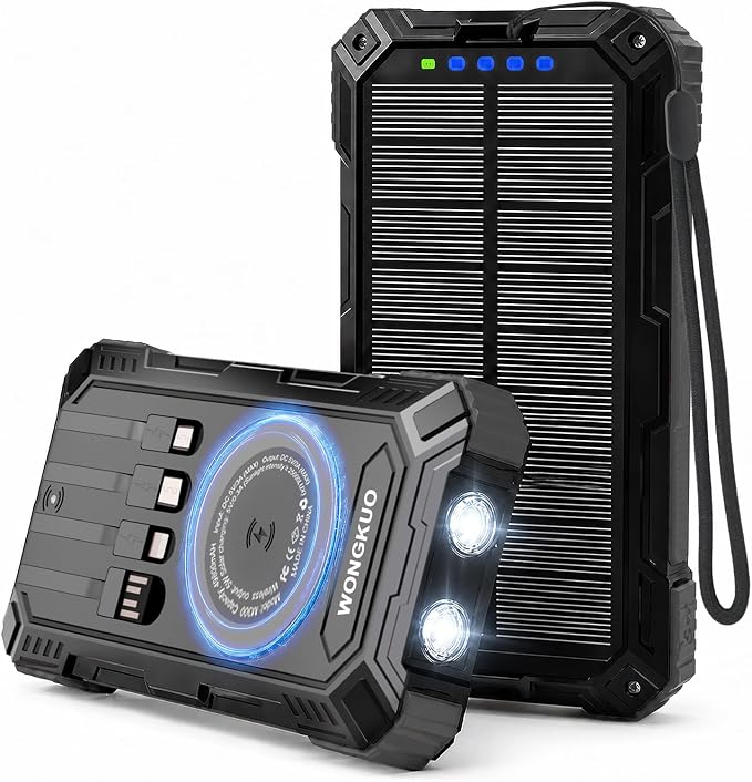 Solar Charger Power Bank - 49800mAh Solar Phone Charger with USB-C in/Output, QC 3.0 Fast Charging with LED Flashlight, Built-in 4 Cables, IP65 Waterproof Fits for Outdoor (Matte Black)