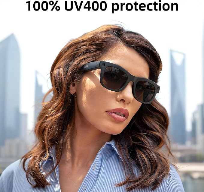 AI Smart Glasses with HD Camera, BT Call, 8MP Anti-Shake Camera Glasses with 1080P Video Recording Dual Mic, Simultaneous Interpretation/GPT Identify Objects, Black Lens