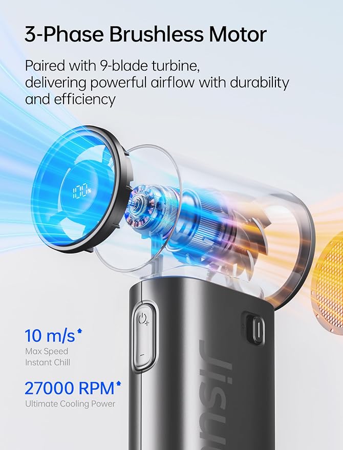 JISULIFE Mini Handheld Fan Life9S - Sleek Chrome: Turbo Power, 22 Hours Cooling, LED Display, 5000mAh, 5-Speed, Small Portable Fan for Travel, Cruise, Concerts, Trendy Gifts for Women Men-Black