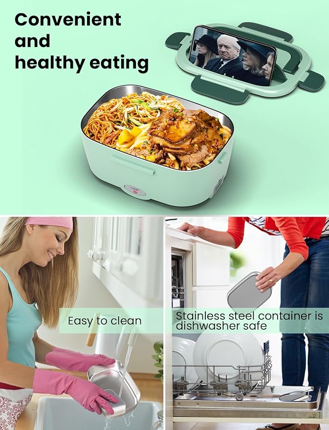 Sitlais Electric Lunch Box for Adults - Fast Heating Portable Food Warmer with 2 of 53oz 304 Stainless Steel Containers 12V/24V/110V Heated Lunch Box for Men&Women Work Office Truck Travel lonchera
