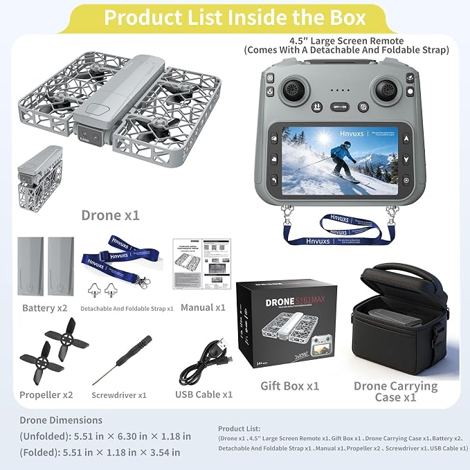 Foldable Mini Drone with 2K Camera and 4.5 Inch Screen, Portable Pocket Quadcopter for Adults and Kids, Follow Me Mode, One-Key Takeoff, Propeller Guards