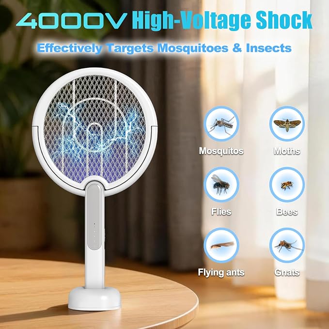 (2pack) Rotating Head Electric Fly Swatter Racket, Bug Zapper Indoor with Long Telescopic Extension 4000V USB Rechargeable Mosquito Zapper Killer with Charging Base, 3 Modes Automatic & Manual