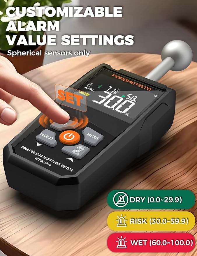 Moisture Meter, POROMETISTO Pin & Pinless Moisture Meter – Dual Mode Wood Moisture Detector for Walls, Drywall, Firewood & Concrete, Digital Moisture Meter with Color Screen & Alarm