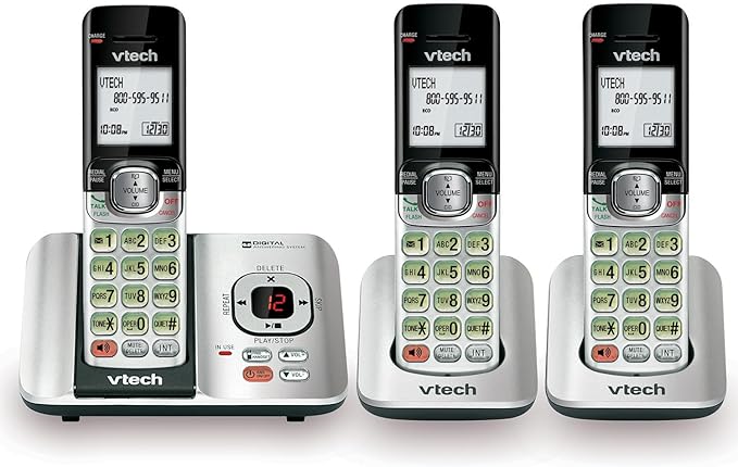 VTech CS6529-3 3-Handset Cordless Phone with Answering Machine, Caller ID/Call Waiting, DECT 6.0, Handset Speakerphone, Wall Mountable (Silver/Black)