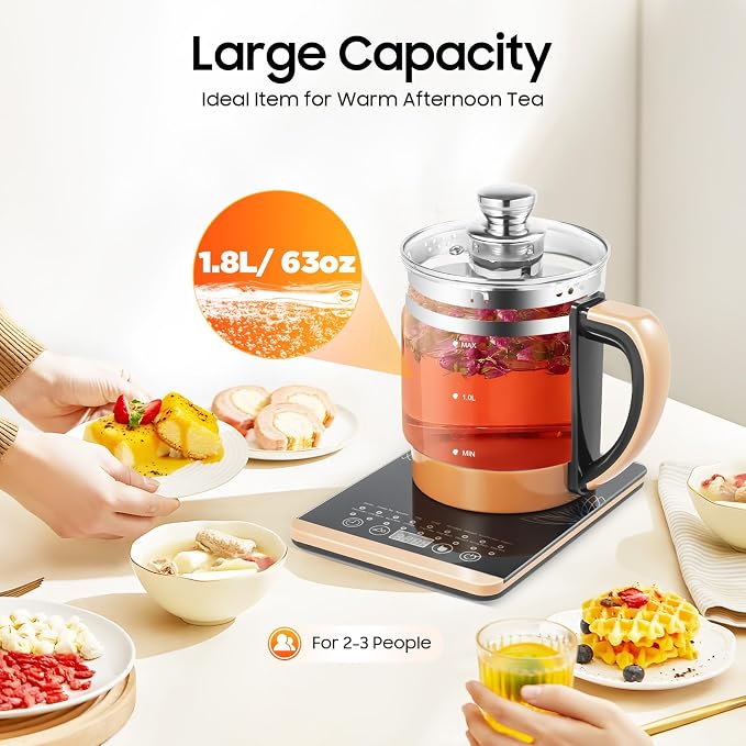 1.8L Electric Glass Kettle, 800W Health Pot with Temperature Control, 12 Independent Warming Stages, 18 Menus, Tea Infuser, Egg Steamer, Portable Kettle for Fragrant Tea, Coffee
