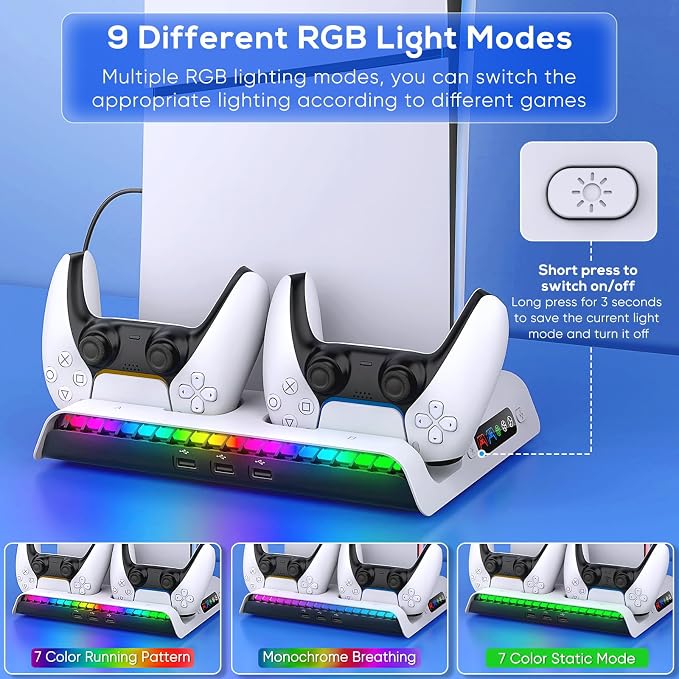 FASTSNAIL Charging Stand with Cooling Fan for PS5 Pro/Slim Console, Vertical Controller Charger Station with 9 RGB Lights & Headset Hook & 3-Level Silent Fan, Cooler Accessories for PS5 Pro/Slim