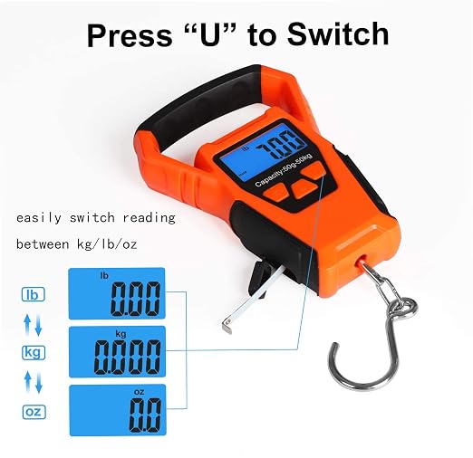 Waterproof Fishing Scale with Ruler, Luggage Scale, Weight Hanging Hook Scale,110lb/50KG-Backlit LCD Display.Waterprof Bag and 2 AAA Batteries Included (Orange)