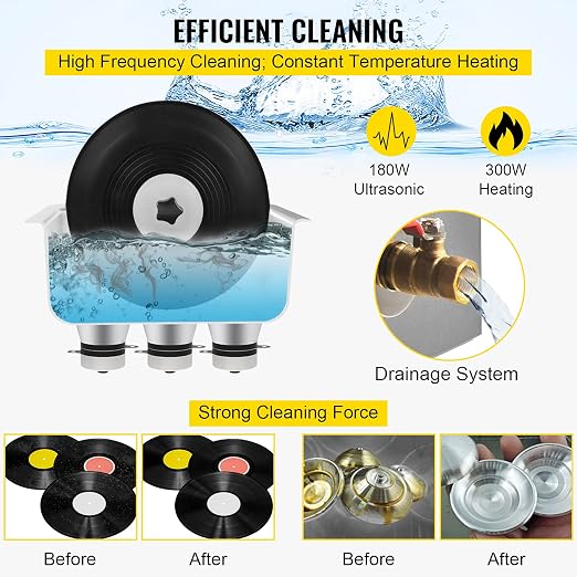 VEVOR Ultrasonic Vinyl Record Cleaner 6L 40kHz Vinyl Ultrasonic Cleaning Machine Knob Control Record Ultrasonic Cleaner 4 Records Vinyl Sonic Cleaner Stainless Steel Tank w/Mechanical Heater & Timer