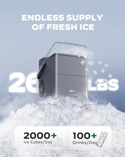 Silonn Countertop Ice Maker with Expanding 2.5L Ice Basket, 26.5lbs/24H, 9 Cubes in 6 Mins, Self-Cleaning Ice Maker with LED Touch Control, 2 Bullet Ice Sizes for Home, Kitchen, Office, Grey