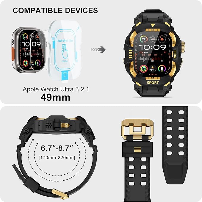 DABAOZA Rugged Case with Band Screen Protector Compatible with Apple Watch 49mm, for iWatch Ultra 3/2/1,Military Grade Shockproof Bumper and Men's Tactical Heavy Duty Strap(Black/Gold,49MM)
