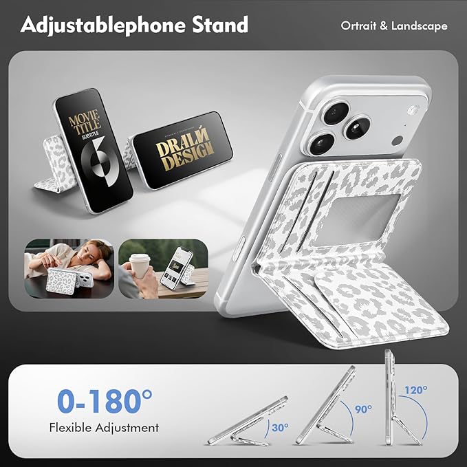 Antsturdy for Magsafe Wallet Stand with Holder,PU Leather RFID Blocking Card Holder,5 Card Slots,Strong Magnet Minimalist Flip Kickstand for iPhone 17/16/15/14/13/12/Pro/Max/Plus/Air,Leopard-White