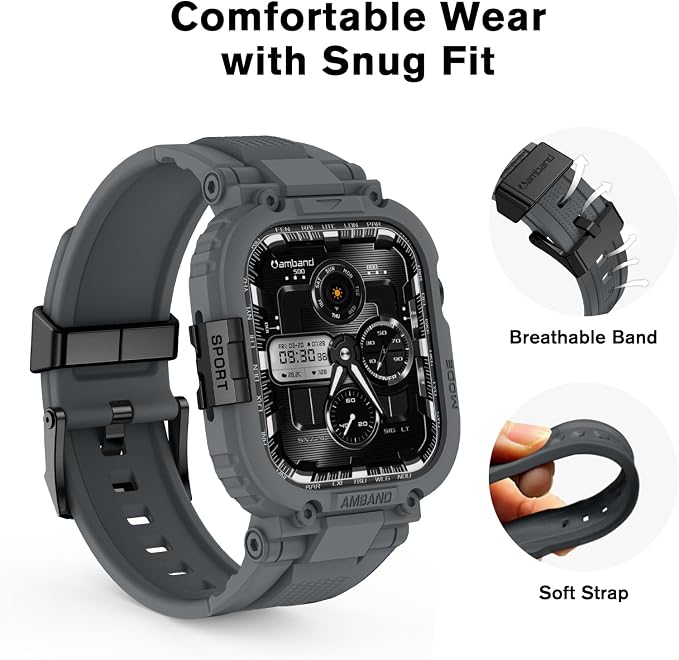 amBand Bands Case Compatible with Apple Watch Series 11/10 46mm, M1 Sport Rugged Heavy Duty Cover Tactical Strap Military Grade Protective Bumper Protector for iWatch 46 mm Men, Gray