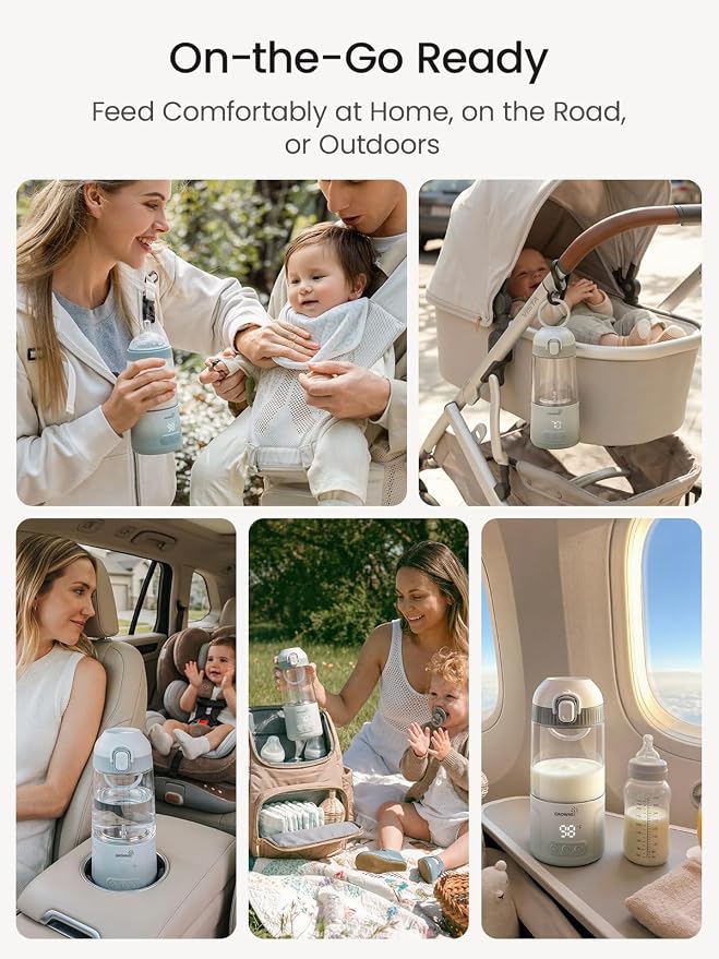 Grownsy Detachable Portable Bottle Warmer for Travel, All-in-One BPA-Free Shatterproof Non-Glass Milk Warmer with Nipple, Dual Heating Modes for Breastmilk & Formula, Fast Heating & Long Battery Life