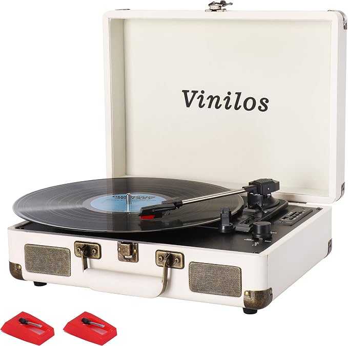 Vinyl Record Player with Bluetooth and Built-in Speakers, 3-Speed Portable Turntable for Vinyl Records, Retro Suitcase Design, USB Recording, Includes Extra Stylus, Ideal for Beginners(White)-Vinilos