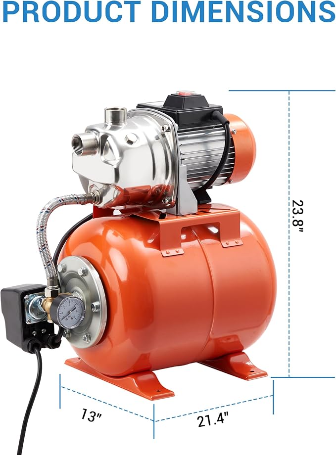 3/4 HP Shallow Well Pump,850 GPH Flow Rate,115V Pressure Switch with Stainless Steel Tank for Lawn,Car Washing, Home Irrigation,Veggie Garden & Landscaping Watering,Winter-Proof Design