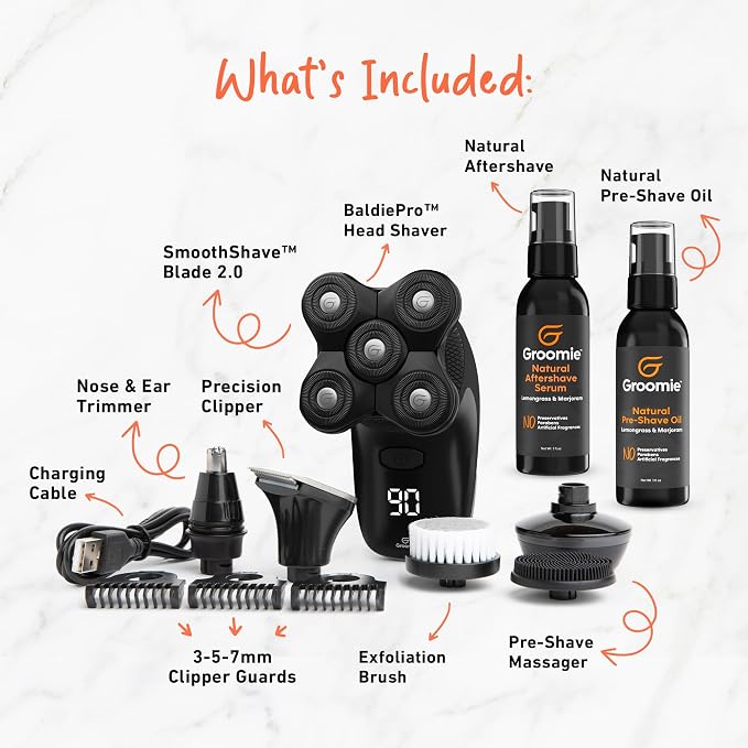 GROOMIE No Hair, Don't Care Bundle - 5D BaldiePro Electric Head Shavers for Bald Men, Natural Pre-Shave Oil to Promote Close Shave, & Natural Aftershave Serum - Mens Head Shaver Kit w/Electric Razor