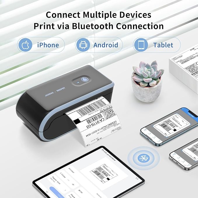 JADENS Bluetooth Thermal Label Printer, Wireless with Built-in Paper Bin | Compatible with iOS, Android, Windows, Mac, Chromebook, Widely Used for Etsy, Shopify, USPS