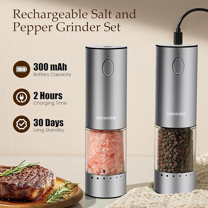 Electric Salt and Pepper Grinder Set - Acacia Wood Base, Rechargeable & Automatic Pepper Mill with LED Lights, Adjustable Coarseness, 95ml Large Capacity for Kitchen