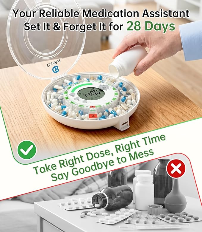 28-Day Automatic Pill Dispenser with Alarm & Light Alerts, Clear LCD Display, Key Lock, Smart Medication Organizer for Seniors, Alzheimer’s Care, for Multiple Vitamins, Supplements or Prescriptions