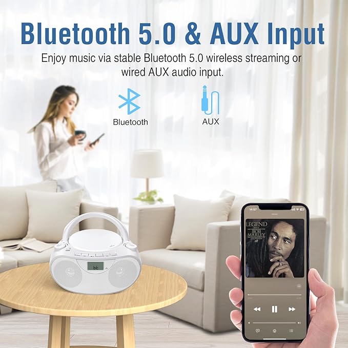 Nextron Portable CD Player Bluetooth Boombox with AM/FM Radio, USB, AUX-in, Headphone Jack, CD-R/RW & MP3-CD Compatible, Stereo Sound with Bass Boost, AC/Battery Operated – White