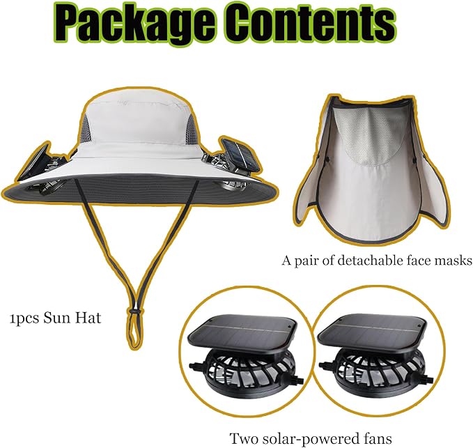 Wide Brim Solar Fan Hat for Men Women, 2026 3-in-1 Detachable Solar Powered Fan Hat, with Removable Neck Cap and Face Mask