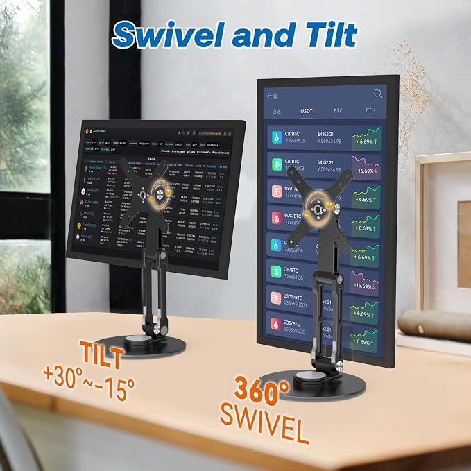 Swivel and Tilt Stand for Echo Show 15 (Gen 1, Gen 2), Portable Monitor Stand, Adjustable Angle and Height with 360° Rotation Bases, Switching Between Landscape and Portrait Screens (Black)