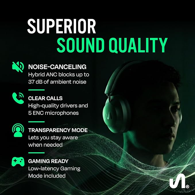 The Next Sound by Tiësto Noise Cancelling Headphones Wireless Bluetooth, MX41H Over Ear Headphones with Microphone, Hybrid ANC, 40H Playtime, Foldable Headset with AUX & Low Latency Gaming Mode
