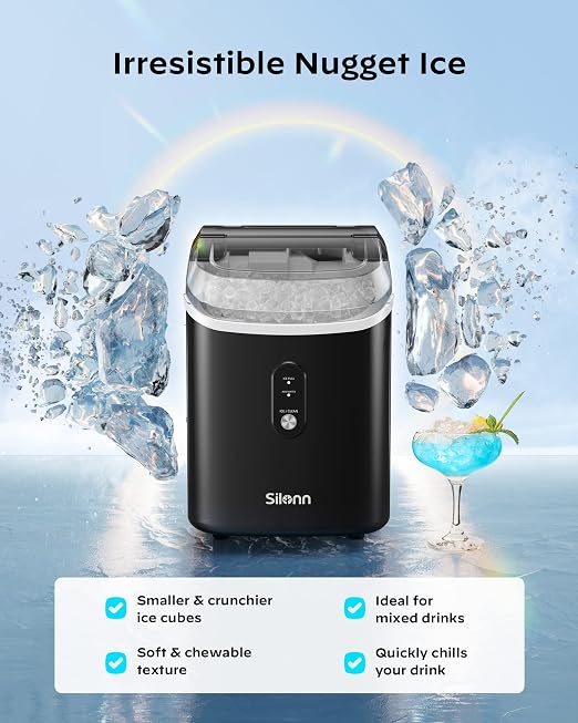 Nugget Ice Maker Countertop - 33lbs/24H, Silonn Pebble Ice Maker Machine with Self-Cleaning Function, Ice Makers for Home Kitchen Office
