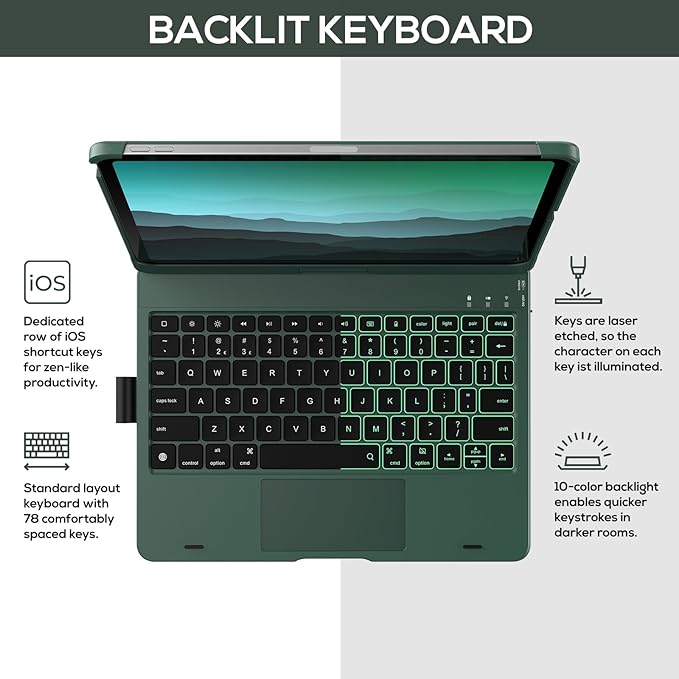 typecase Touch Keyboard Case with Trackpad for iPad Air 11-inch (M3 2025 / M2 2024):360°Rotatable - 11 Colors Backlight - Wireless Keyboard with Pencil Holder for iPad Air 5th & 4th Gen,Midnight Green