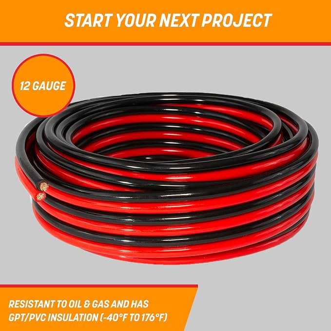 GS Power 12 Gauge Wire 100ft Oxygen Free, OFC Pure Copper Electrical 12v Low Voltage Speaker Wire Spool, 12AWG for Electric, Automotive, Trailer, Stereo, RC, Car, Home Theater, LED, Lamp Wiring