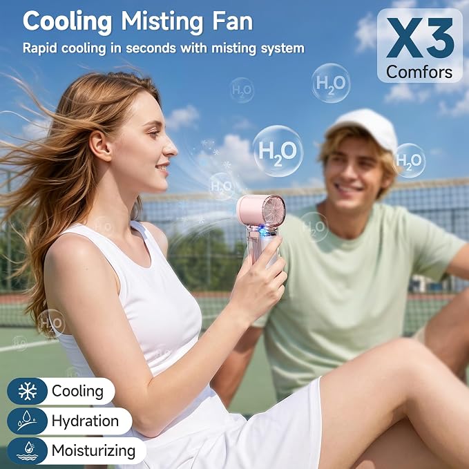 Handheld Misting Fan, Portable Personal Turbo Fan with Nano Mist Spray, 6 Wind Speed, 40ml Water Tank, LED Light, 3000mAh USB Rechargeable for Travel, Outdoors, Camping, Home and Office Use - Pink