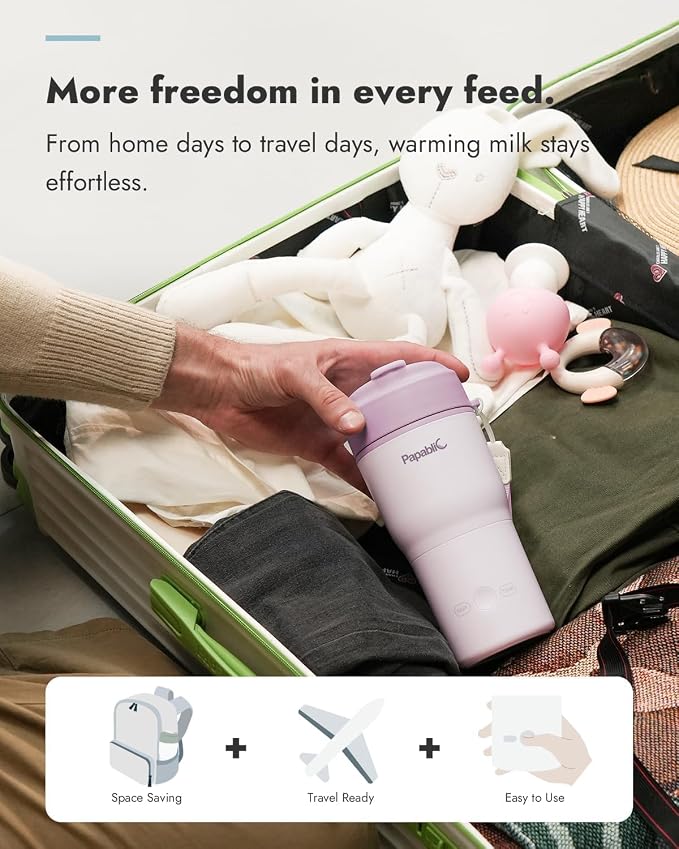 Papablic Portable Bottle Warmer, 85W Fast Baby Bottle Warmer for Travel & Home, Heats Breastmilk & Formula & Water, 4 Temperature Settings, Wide Mouth, Fits Car Cup Holder (Purple)
