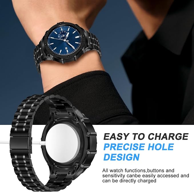 BAITEYOU Stainless Steel Band with Case Compatible with Samsung Galaxy Watch 5 pro 45mm Bands, Protective Metal Case Cover and Band for Galaxy Watch 5 pro 45mm for Men (Black)
