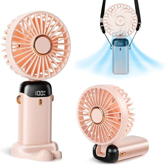 Portable Handheld Fan, 12 hours, Upgrade 3200mAh Portable Fan with LED Display, 90° Foldable, 5 Speed Wind,Hand Held/Neck/Desk 3 in 1 Personal Small Fans, Makeup Fans for Women (Pink)