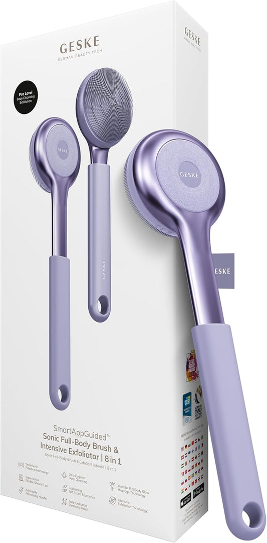 GESKE Sonic Full-Body Brush & Intensive Exfoliator | 8 in 1 | Electric Body Cleansing Brush | With SmartSonic Pulsations | Deep Cleansing, Exfoliation, Massage | Extendable Handle | Rough Skin Remover