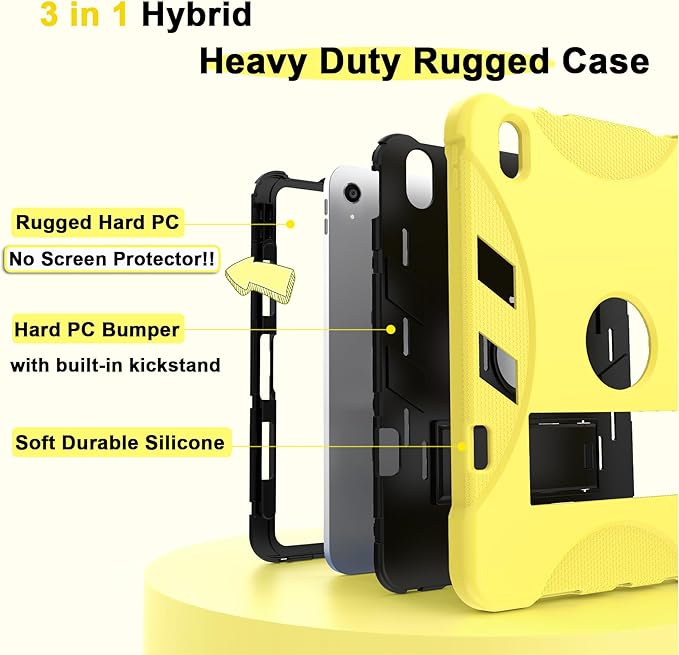 Rantice Military-Grade Tested Case for iPad (A16) 11th/10th Generation(2025/2022), Heavy Duty Shockproof Protective iPad Case with Kickstand & Pencil Holder & Child-Safe Design, Yellow+Black