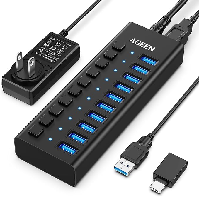 AGEEN 10-Port USB 3.2 Gen 2 Hub, 10Gbps High-Speed Aluminum Powered Hub with 48W Adapter, Individual Switches & Surge Protection for PC/Laptop, Flash Drive, Printer, Camera