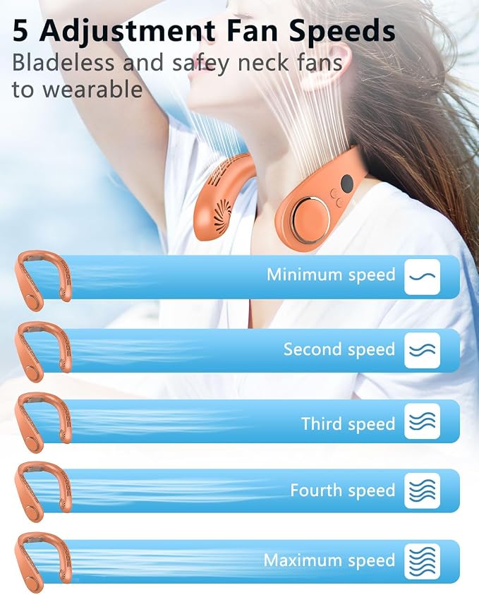 Neck Air Conditioner with Metal Cooling Plate, 5500mAh Batteries & LED Display, Silent Wearable Personal AC Unit, Bladeless Headphone Fan for Hot Flash Relief for Women Men Adults Outside, Orange