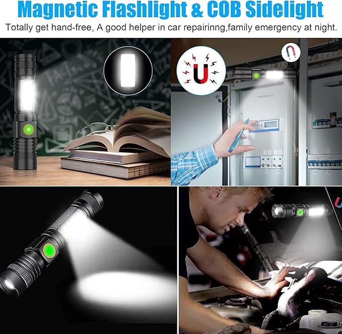Hoxida USB Rechargeable Flashlight, Magnetic LED Flashlight, Super Bright LED Tactical Flashlight with Cob Worklight,Waterproof,Zoomable Small LED Flashlight for Camping, Flashlight with Holsters