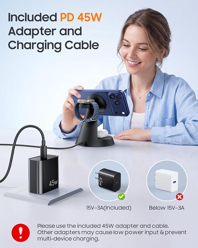 Meifigno 4 in 1 Magnetic Wireless Charger with 20W Fast Retractable Cable for Apple Devices, Charging Station Designed for MagSafe Charger Stand with 45W Adapter for iPhone 17 16/Apple Watch/Earbuds