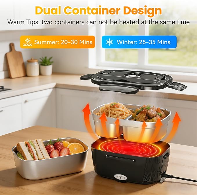 Vingud Electric Lunch Box for Adults, Heated Lunch Box for Men with Dual 1.5L SS Containers, Portable 80W Food Warmer for Car/Truck, Lonchera Eléctrica Portátil Christmas White Elephant Gifts, Black