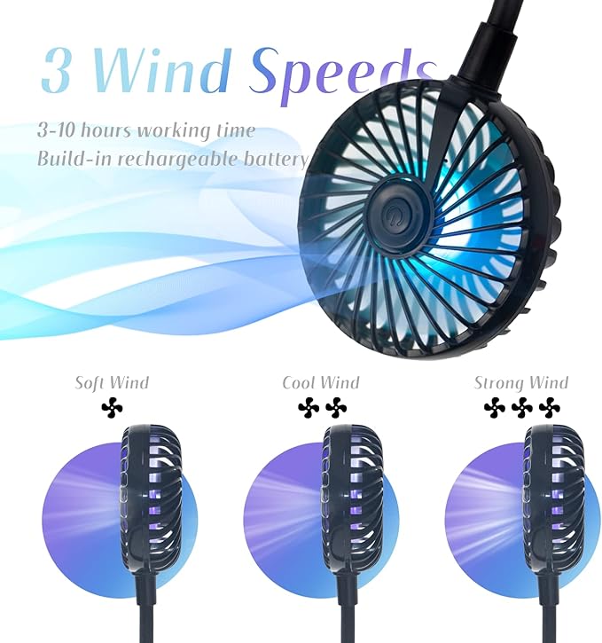 VAGAU Portable Cooling Neck Fan, Rechargeable USB Personal Neck Fans with Colorful LED lights, 360° Rotation, Wearable Neck Fan Air Conditioner for Office Travel Sport, 3 Adjustable Speeds（Black）