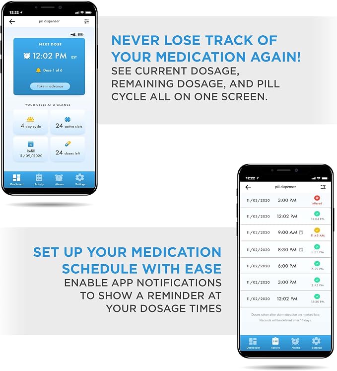 Live Fine Smart WiFi Automatic Pill Dispenser Clear Lid | 28-Day Medication Organizer Up to 9 Doses Per Day for Care Monitoring with Lock Key, Light/Sound Alarms for Prescriptions & Vitamins
