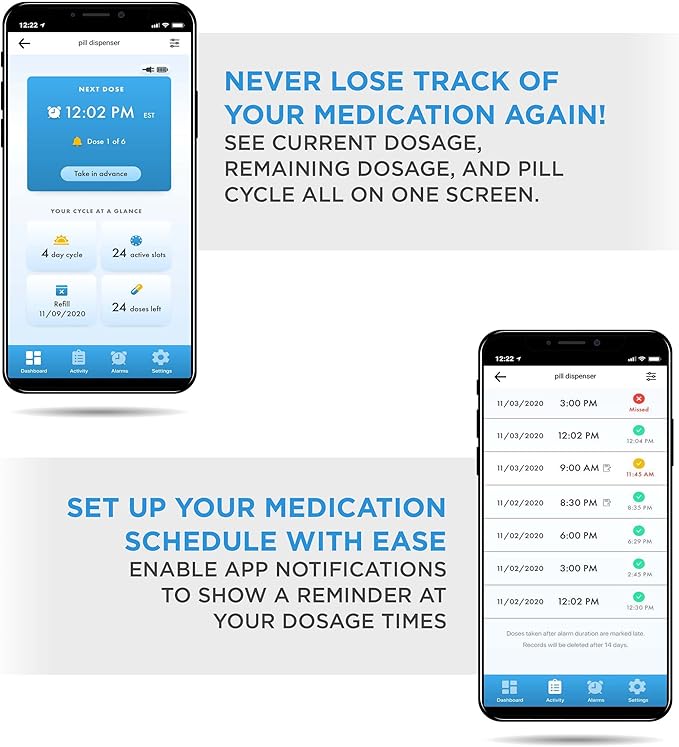 Live Fine Smart WiFi Automatic Pill Dispenser Frosted Lid | 28-Day Medication Organizer Up to 9 Doses Per Day for Care Monitoring with Lock Key, Light/Sound Alarms for Prescriptions & Vitamins
