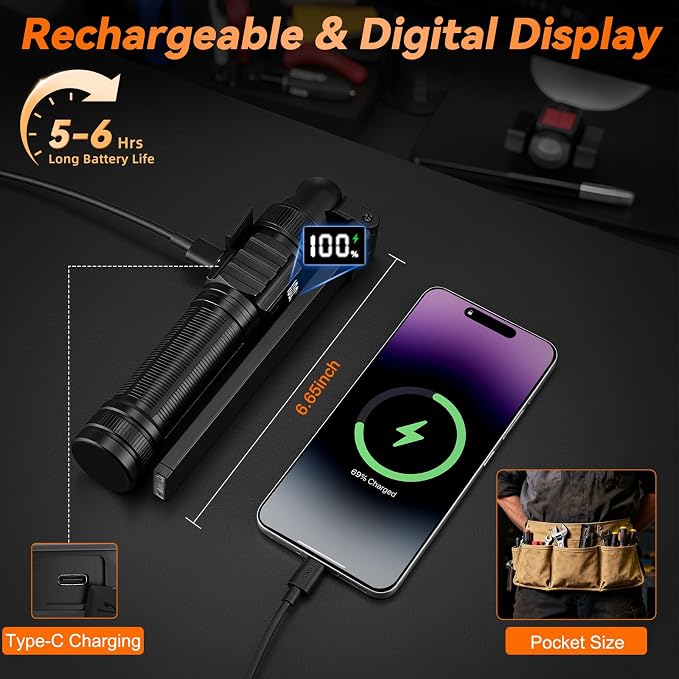 4Pack Magnetic Rechargeable LED Work Light/Flashlight for Mechanics | All Aluminum, 1500 High Lumens, Digital Display, 7 Modes, 360° Rotation, for Car Repairing, Emergency, Gifts for Father