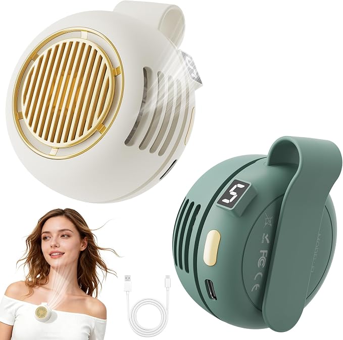UNIWA Clip On Fan, Portable Silent Mini Bladeless Fan for Shirt/Waist, 5 Speed Adjustable&LED Display, Spin 360° Fan, Hands-Free, Wearable Fan for Outdoor Travel, Office, Gift Women Teal+Apricot White