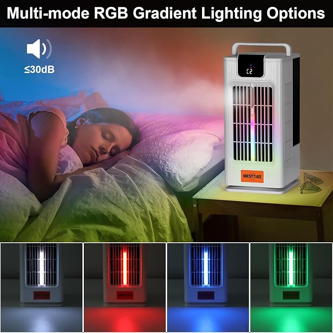 WESTTREE 14inch Portable air conditioners Misting Fan,120°Oscillating mini Air Conditioner,Desk air 3 Level Humidify 4 Speeds, 7 RGB Color Night Lights Desktop Portable Air Conditioners for Bedroom
