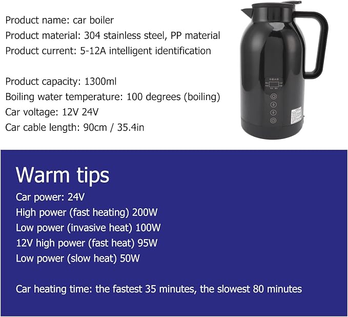12-24V 1300ML Car Electric Kettle, Portable Hot Water Bottle Stainless Steel Cigarette Lighter for Travel for Coffee Tea